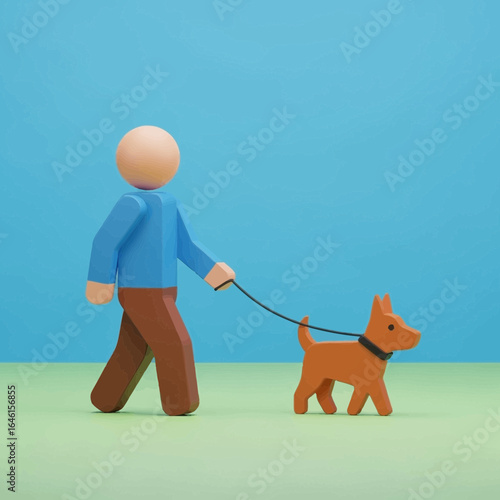 Clay figure of person walking a dog on a leash against blue background.