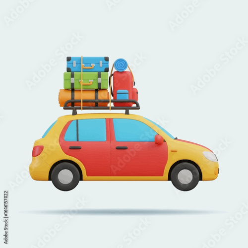 Car with luggage on roof rack against a light blue background.