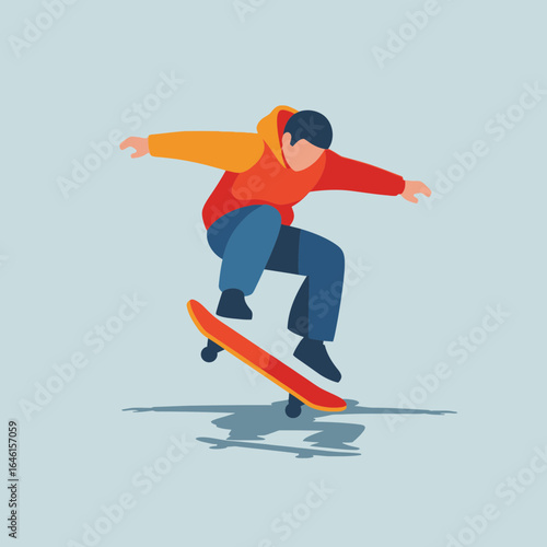 Person performing a skateboard trick in mid-air against a light blue background.