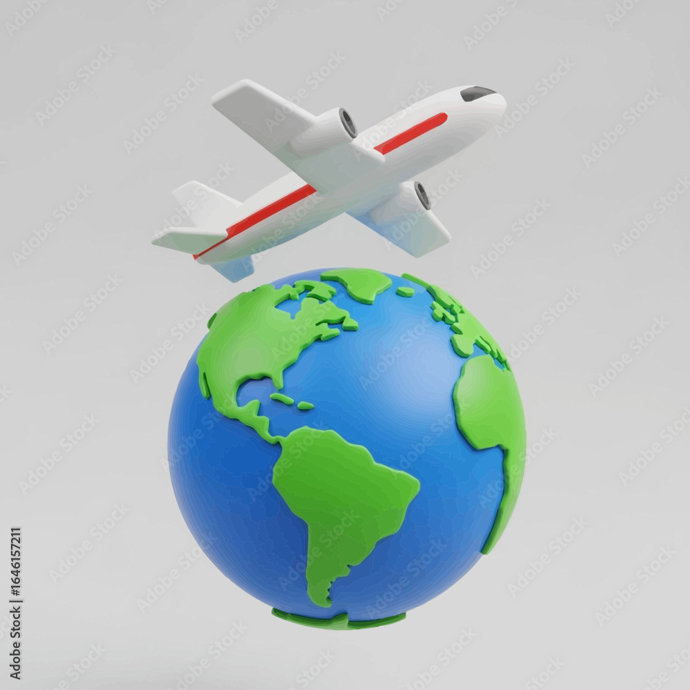 Fototapeta premium Airplane flying above a globe against a neutral background.