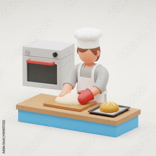 Toy baker figure working at a counter with oven and baking sheet.