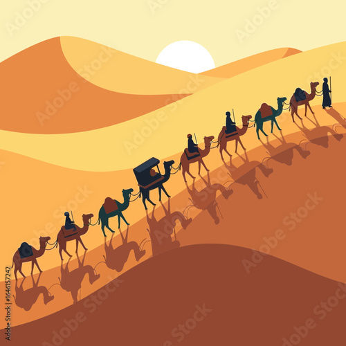 Camels and people travel through a desert landscape with sand dunes.