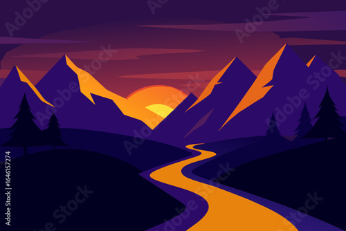 Vibrant sunset over jagged mountains and winding river