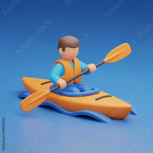 Cartoon person in a kayak on water with a paddle against blue background.