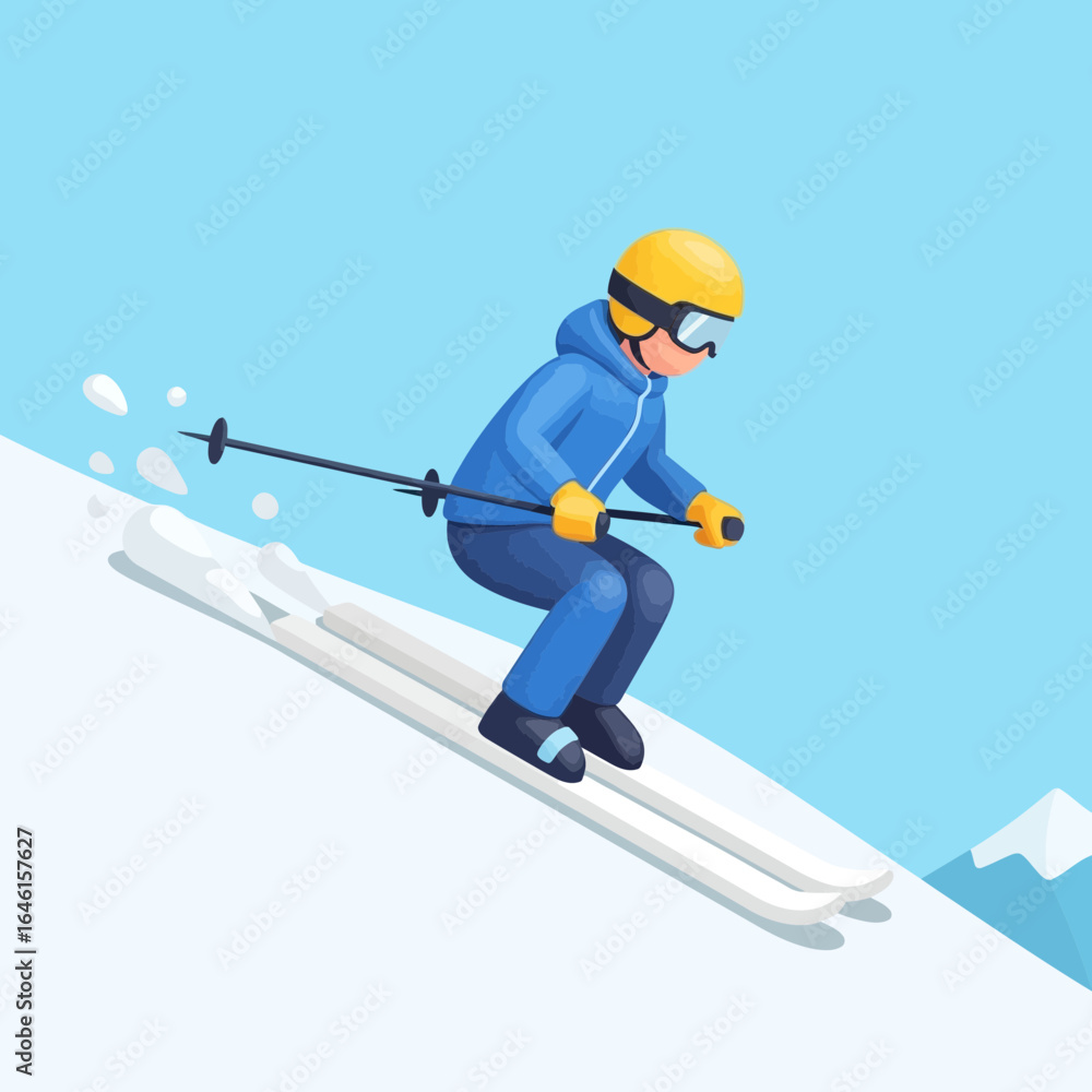 Fototapeta premium Skier in blue suit skiing down snowy slope with mountain in background.