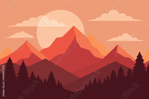 Vibrant sunset over layered mountains and pine forest