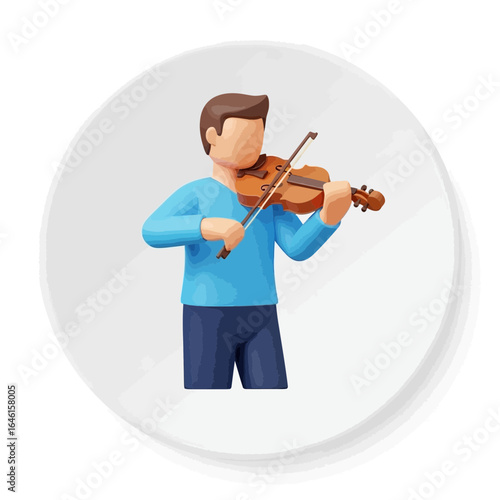 Cartoon man playing a violin on a white circular background illustration.
