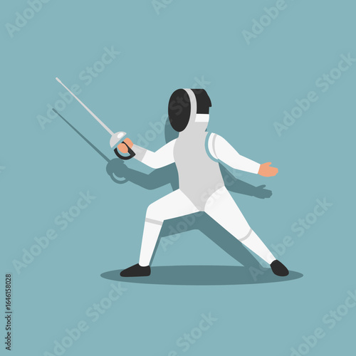 Fencer in white uniform with sword in action pose on blue background.