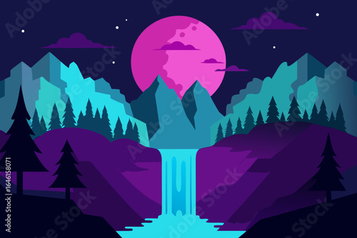 Vibrant night landscape with pink moon and waterfall