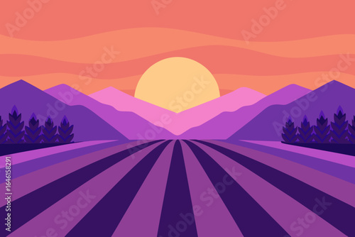 Vibrant sunset over purple fields and mountains