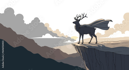 Majestic Deer with Cape Standing on Cliff Edge Overlooking Mountain Landscape