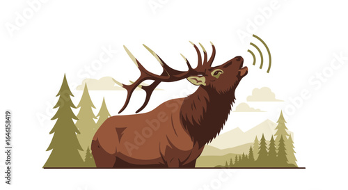 Majestic Elk Sounding Call In Wilderness With Mountain Forest Landscape