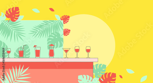 Modern Tropical Bar With Drinks Flat Design Background In Summery Colors