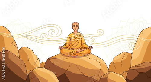 Monk in meditation pose on rocks, finding inner peace and mindfulness outdoors spiritual journey and peaceful nature