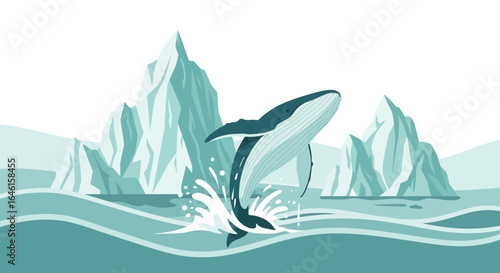Majestic Humpback Whale Breaching in the Arctic Waters with Icebergs Backdrop