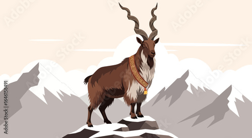 Majestic Markhor Illustration Standing Proudly Amidst Snow-Capped Mountain Peaks