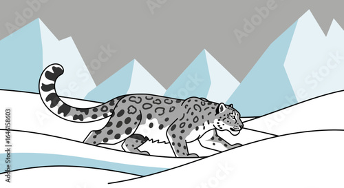 Majestic Snow Leopard Stalking Through A Winter Landscape Cartoon Illustration