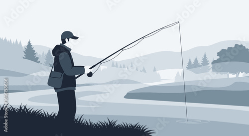 Monochrome illustration of a fisherman casting a line into a serene river landscape