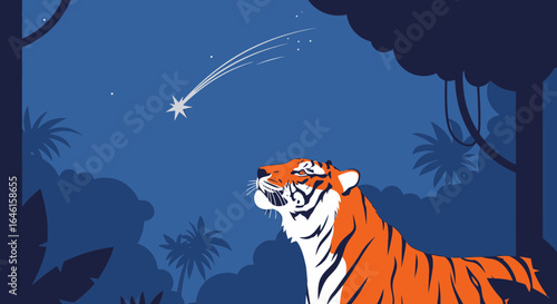 Majestic tiger gazing at a shooting star in the jungle at night with illustration