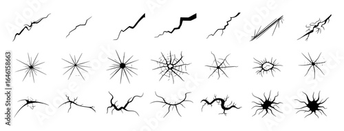 Various black crack shapes and patterns on white background fracture break