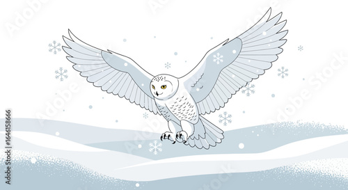 Majestic snowy owl soaring above winter landscape, illustration conveying freedom and beauty with winter elements