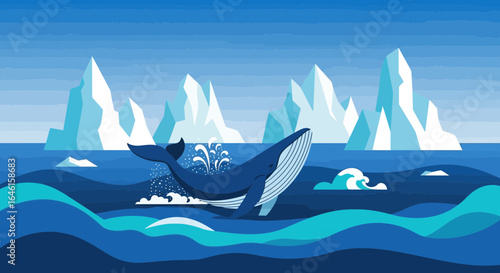 Majestic Whale Breaching in Arctic Waters: A Serene Marine Landscape Depiction
