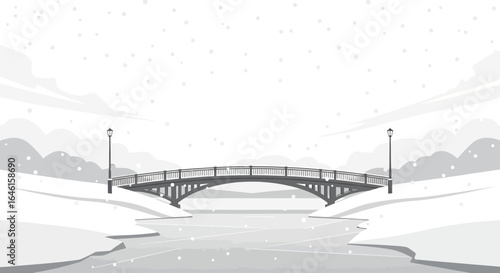 Monochrome winter scene featuring a bridge over a frozen river landscape illustration