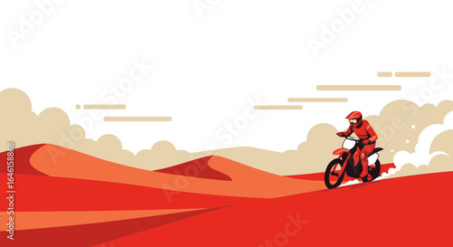 Motorcycle rider conquering sandy dunes illustration, captivating vector art showcasing desert adventure and extreme sports spirit, minimalist
