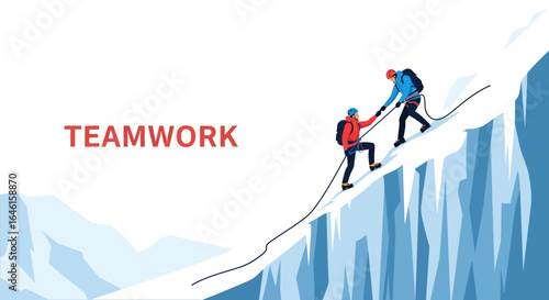 Mountain climbers illustrate the meaning of the word teamwork as they help each other climb