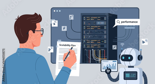 Man and robot collaborate on a scalability plan for data server performance optimization