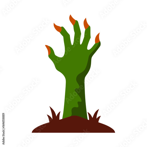 Green zombie hand reaching out of the ground with orange fingernails