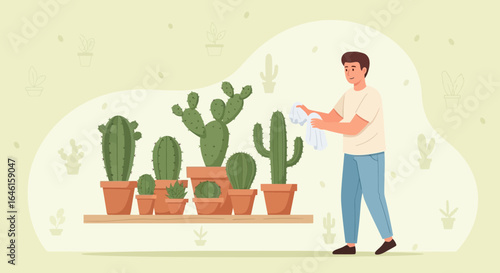 Man Cleaning Cactus Collection at Home in a Flat Vector Illustration Style