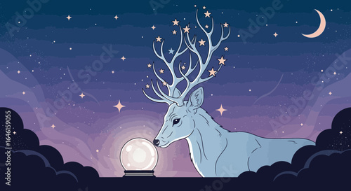 Mystical Deer with Star Antlers Gazing into a Crystal Ball under a Night Sky with Clouds