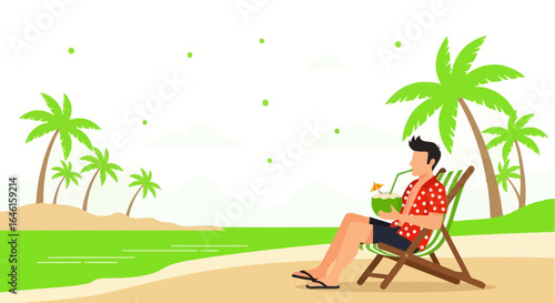 Man enjoying a coconut drink on a beach chair under the palms on a tropical island retreat