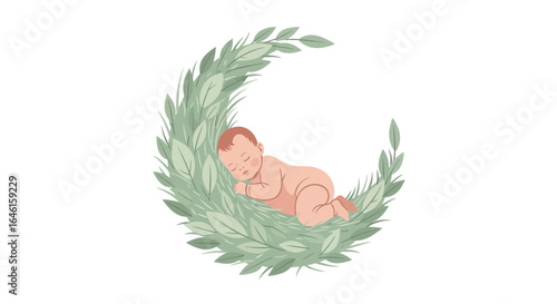Newborn bliss baby sleeps peacefully cradled in leafy crescent moon design element