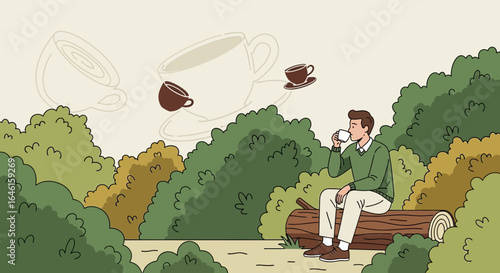 Man Enjoying Coffee Break Amidst Nature In a Dreamy Landscape