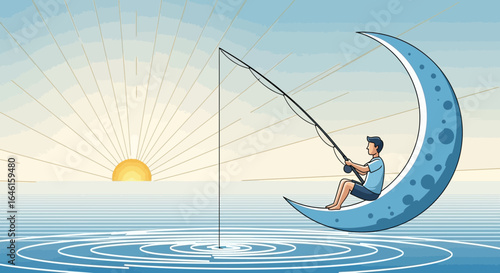 Man Fishing From Crescent Moon Symbolizing Dreams Hopes And Serenity Illustration