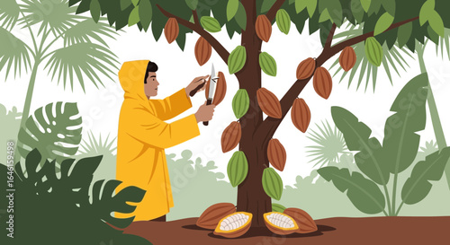 Man harvesting cocoa pods from a tree in a tropical environment vector illustration for agricultural concept or food production