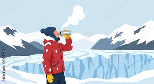 Man in winter clothing drinking hot beverage amidst a snowy mountain landscape illustration