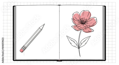 Open sketchbook with pencil and floral illustration for artistic inspiration concept design