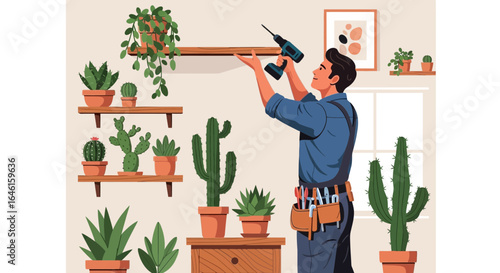 Man Installing Shelf With Indoor Plants In Living Room Home Improvement