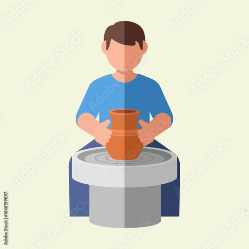 Person making pottery on a wheel in a studio setting illustration.