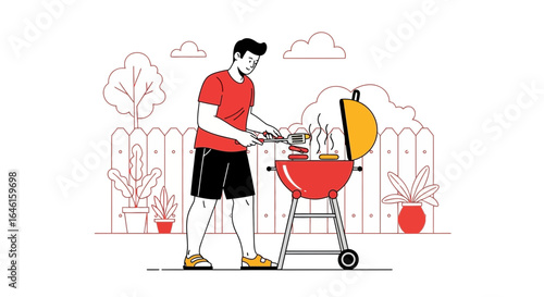 Man is grilling sausages and hamburgers at a barbeque party in the backyard garden on a beautiful summer day illustration