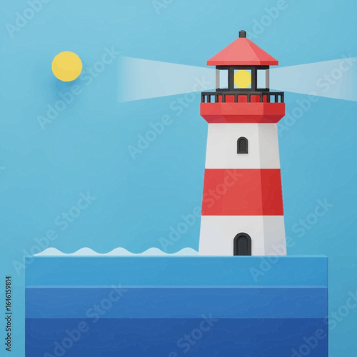 Illustration of a lighthouse on water with a sun in a blue sky.