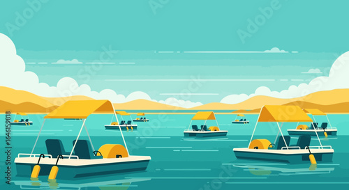 Paddle Boats in a Calm Lake, a Leisurely Scene Depicting Relaxation and Recreation, Illustration of Boats on the Water
