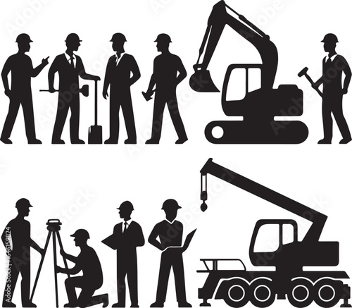 Construction workers and heavy machinery silhouettes excavator crane