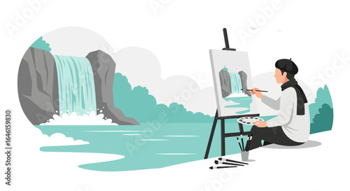 Painter capturing the beauty of a waterfall landscape on canvas with his artistic vision
