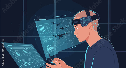 Man operating drones with advanced technology and digital interfaces in a futuristic setting
