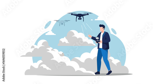 Man operating drone with remote control on cloudy sky background vector illustration