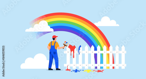 Painter Paints Rainbow on Fence Under a Colorful Sky After the Rain
